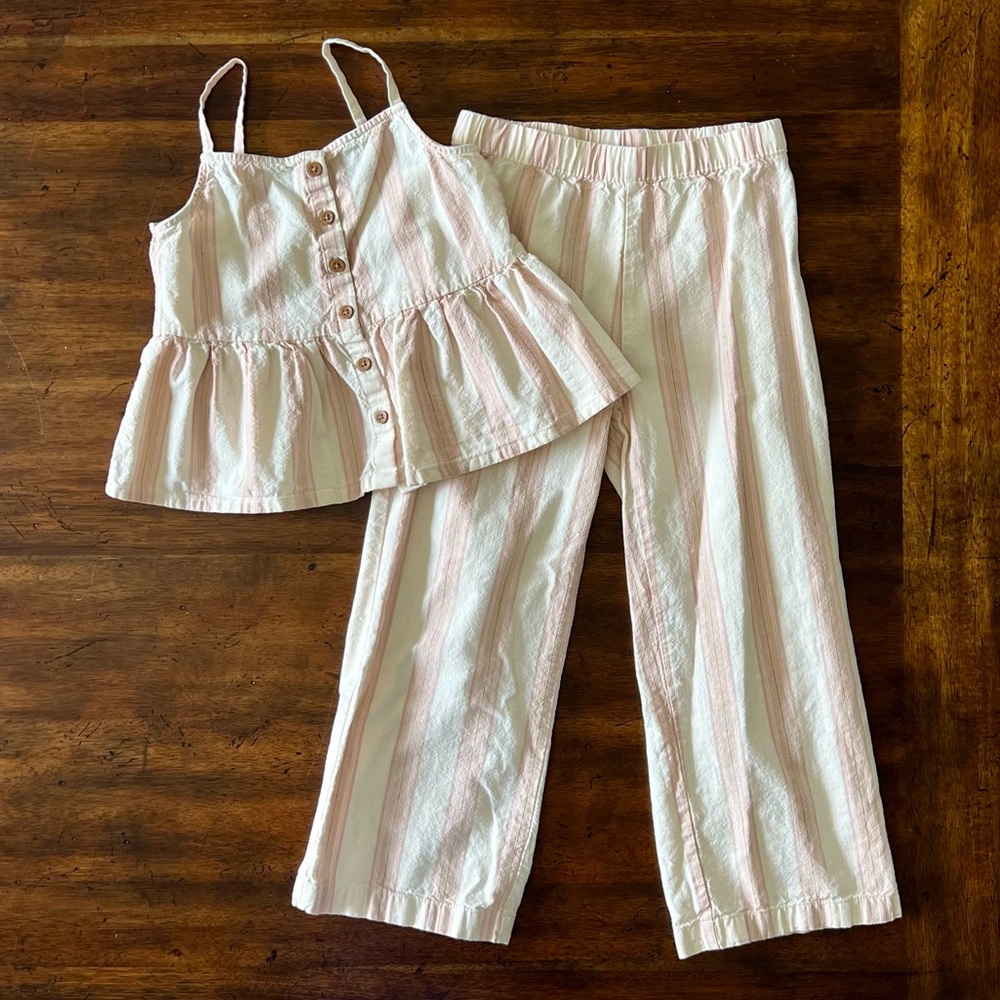 H&M Striped Beige Pant Set - Pink and White Girls Sz 7 GUC